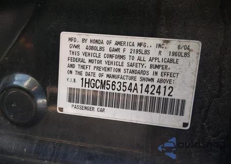 2004 Honda Accord 2.4 Lx from USA, damaged, VIN 1HGCM56354A142412